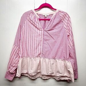 Free Assembly Striped Long Sleeve Ruffle Hem Womens Cotton Top Size XL Pullover